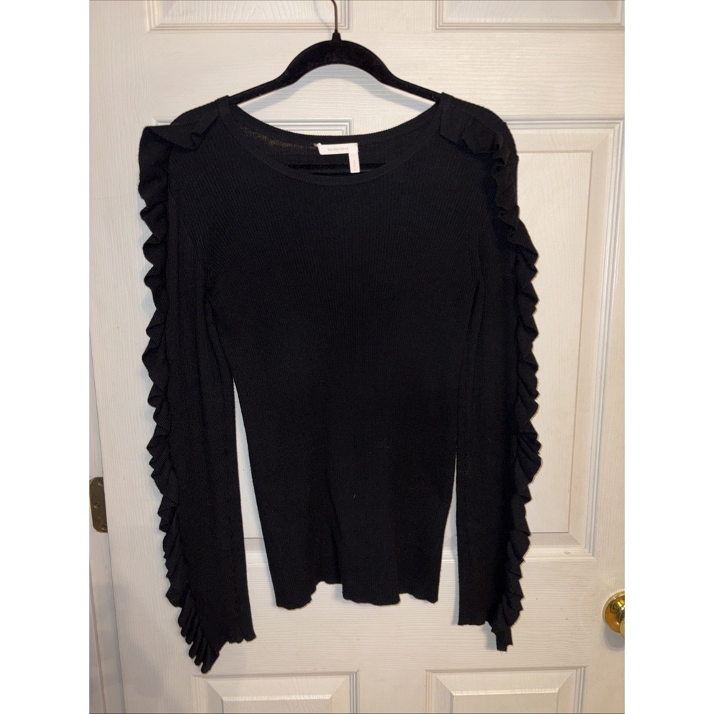 See By Chloe L Ruffled Sleeve Black Ribbed Lightweight Fitted Sweater Silk Blend